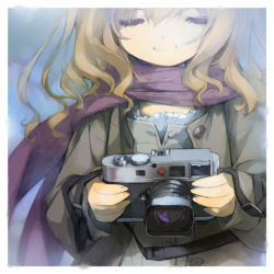 Rule 34 | 1girl, camera, coat, closed eyes, gotou nao, leica (camera), light brown hair, lowres, original, scarf, smile, solo