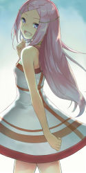 Rule 34 | 1girl, anemone (eureka seven), bad id, bad pixiv id, bare arms, bare shoulders, cccpo, dress, eureka seven, eureka seven (series), grey eyes, hair ornament, highres, long hair, looking at viewer, looking back, open mouth, purple hair, sleeveless, sleeveless dress, smile, solo, striped clothes, striped dress, sundress, very long hair