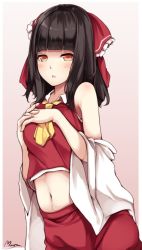 Rule 34 | 1girl, alternate hairstyle, ascot, bad id, bad twitter id, bare shoulders, black hair, blunt bangs, blush, bow, breasts, brown eyes, cowboy shot, crop top, detached sleeves, hair bow, hakurei reimu, japanese clothes, long hair, looking at viewer, maremay0513, medium breasts, miko, navel, nontraditional miko, parted lips, red bow, red shirt, red skirt, shirt, signature, skirt, skirt set, sleeveless, sleeveless shirt, solo, stomach, touhou, wide sleeves