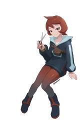 Rule 34 | 1girl, absurdres, arezu (pokemon), black footwear, black shorts, boots, bracelet, brown eyes, brown hair, closed mouth, commentary request, cowlick, creatures (company), full body, game freak, grey jacket, hand up, highres, holding, holding scissors, invisible chair, jacket, jewelry, kurosoi7, long sleeves, nintendo, pantyhose, pokemon, pokemon legends: arceus, scissors, shorts, simple background, sitting, smile, solo, white background