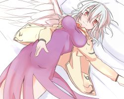 Rule 34 | 1girl, breasts, brown hair, closed mouth, commentary request, cowboy shot, dress, dutch angle, feathered wings, furorina, hair between eyes, jacket, kishin sagume, long sleeves, looking at viewer, lying, medium breasts, on back, open clothes, open jacket, purple dress, single wing, solo, touhou, white hair, white wings, wings, yellow jacket