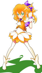 Rule 34 | 1girl, 221 (tsutsuichi), alternate costume, alternate hairstyle, blonde hair, blush, boots, bow, brooch, closed mouth, commentary request, cosplay, cure sunshine, cure sunshine (cosplay), dress, full body, gloves, green eyes, hair between eyes, hair bow, heart, heart brooch, heartcatch precure!, highres, jewelry, looking at viewer, magical girl, medium hair, mizuhashi parsee, orange skirt, orange vest, pointy ears, ponytail, precure, purple bow, skirt, solo, standing, thighhighs, touhou, vest, white background, white dress, white footwear, white gloves, white thighhighs