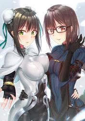 Rule 34 | 2girls, absurdres, akuta hinako, black dress, black gloves, black hair, blue shirt, blush, bodysuit, breast press, breasts, brown hair, bun cover, cape, chinese clothes, clothing cutout, double bun, dress, ear piercing, elbow gloves, eyebrows hidden by hair, fate/grand order, fate (series), glasses, gloves, green eyes, green ribbon, gu li, hair between eyes, hair bun, hand on another&#039;s hip, highres, jewelry, large breasts, long hair, looking at viewer, multiple girls, navel cutout, open mouth, outstretched hand, piercing, qin liangyu (fate), red eyes, ribbon, shirt, short hair, smile, strapless, white bodysuit, white cape, yu mei-ren (fate), yu mei-ren (first ascension) (fate)