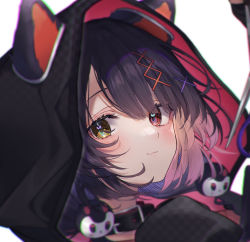 Rule 34 | 1girl, animal collar, animal ears, black hair, blush, closed mouth, collar, commentary request, dog ears, ears through headwear, hair ornament, heterochromia, highres, hood, hood up, inui toko, long hair, looking at viewer, nenehotoso, nijisanji, portrait, red eyes, sideways glance, simple background, smile, solo, virtual youtuber, white background, x hair ornament, yellow eyes