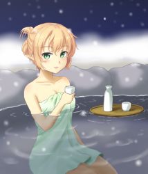Rule 34 | 1girl, bathing, blonde hair, blush, breasts, choko (cup), commentary request, cup, feet out of frame, folded ponytail, green eyes, green towel, half updo, isaki (gomi), looking at viewer, medium breasts, mizuhashi parsee, onsen, open mouth, pointy ears, short hair, short ponytail, smile, solo, tokkuri, touhou, tray, water
