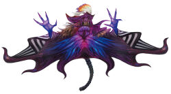 Rule 34 | 1boy, alternate form, amon (ff14), artist request, cape, colored extremities, colored skin, concept art, covered face, fewer digits, final fantasy, final fantasy xiv, fingernails, frills, full body, hands up, hat, hat feather, male focus, mask, monster boy, official art, purple hat, purple skin, sharp fingernails, simple background, solo, striped cape, tail, third-party source, white background