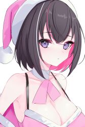 Rule 34 | 1girl, alternate breast size, azki (hololive), black hair, breasts, camisole, cleavage, colored inner hair, detached collar, fur-trimmed headwear, fur trim, hat, highres, hololive, jacket, large breasts, looking at viewer, multicolored hair, parted lips, pink camisole, pink hair, pink hat, pink jacket, purple eyes, rifufu, santa hat, short hair, simple background, solo, streaked hair, upper body, virtual youtuber, white background