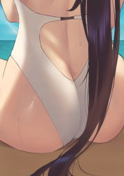 Rule 34 | 1girl, ass, azur lane, bad id, bad pixiv id, beach, black hair, blue sky, casual one-piece swimsuit, day, from behind, highres, horizon, jmao, long hair, ocean, one-piece swimsuit, outdoors, ponytail, sky, solo, swimsuit, takao (azur lane), takao (beach rhapsody) (azur lane), white one-piece swimsuit