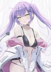 Rule 34 | 1girl, bare shoulders, bikini, black bikini, black choker, blush, breasts, choker, cleavage, commentary request, demon girl, demon tail, ear piercing, green eyes, hair ornament, hairclip, highres, hololive, jacket, large breasts, long hair, long sleeves, looking at viewer, multi-strapped bikini, nekonosuke, o-ring, o-ring choker, off shoulder, open clothes, open jacket, parted lips, piercing, purple hair, sidelocks, solo, swimsuit, tail, tail ornament, tail piercing, tokoyami towa, twintails, virtual youtuber, white jacket