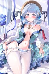 Rule 34 | 1girl, absurdres, ayaka (genshin impact), bare shoulders, blue dress, blue eyes, blue hair, blunt bangs, blush, breasts, brown headwear, butterfly hair ornament, butterfly ring, clothes pull, dress, genshin impact, hair ornament, hair rings, hat leaf, highres, kamisato ayaka, kamisato ayaka (springbloom missive), large breasts, light blue hair, long hair, long sleeves, looking at viewer, mole, mole under eye, multicolored clothes, multicolored dress, navel, official alternate costume, official alternate hairstyle, panties, pantyhose, pantyhose pull, puffy long sleeves, puffy sleeves, sak (lemondisk), sidelocks, underwear, white panties, white pantyhose