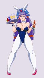 Rule 34 | 1girl, absurdres, animal ears, breasts, carrot, fake animal ears, full body, glasses, gluko, high heels, highres, large breasts, leotard, mon colle knights, playboy bunny, poker chip, purple hair, rabbit ears, rabbit tail, rokumon tengai mon colle knight, solo, standing, tagme, tray