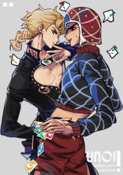 Rule 34 | 2boys, argyle, argyle clothes, argyle sweater, blonde hair, card, cleavage cutout, clothing cutout, couple, doran (doran7280), earrings, giorno giovanna, green eyes, guido mista, hat, highres, holding, holding card, jewelry, jojo no kimyou na bouken, lips, long hair, male focus, multiple boys, open mouth, pectoral cleavage, pectorals, sweater, unbuttoned, uno (game), upper body, vento aureo, yaoi