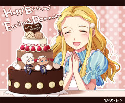 Rule 34 | 1girl, 2boys, :d, ^ ^, blonde hair, blue eyes, cake, closed eyes, cookie, dark-skinned male, dark skin, dress, enrico pucci, ffc, food, happy birthday, hat, jitome, jojo no kimyou na bouken, long hair, multiple boys, open mouth, own hands together, perla pucci, short hair, siblings, smile, very short hair, weather report, white hair
