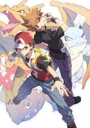 Rule 34 | 2boys, 3others, backpack, bag, black footwear, black shirt, black wristband, blastoise, blue oak, brown eyes, brown hair, charizard, claws, commentary request, creatures (company), game freak, gen 1 pokemon, highres, holding, holding poke ball, looking to the side, multiple boys, multiple others, nintendo, outstretched arms, pants, poke ball, poke ball (basic), pokemon, pokemon (creature), pokemon frlg, purple pants, red (pokemon), shirt, shoes, short sleeves, smile, spiked hair, starter pokemon trio, venusaur, vs seeker, wristband, xia (ryugo), yellow bag