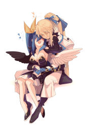 Rule 34 | 1boy, 1girl, asymmetrical wings, bad id, bad pixiv id, blonde hair, blue hair, blush, breasts, cleavage, closed eyes, couple, dizzy (guilty gear), guilty gear, guilty gear 2, hetero, highres, hug, hug from behind, husband and wife, ky kiske, long hair, open mouth, ponytail, ribbon, san (winteroll), simple background, sketch, smile, wings