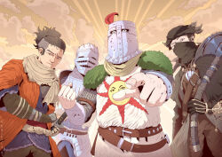 4boys armor axe belt black_hair black_hat black_scarf bloodborne breastplate brown_belt brown_hair brown_pants chainmail closed_mouth cloud commentary dark_souls_(series) dark_souls_i demon&#039;s_souls english_commentary fromsoftware hat helm helmet holding holding_axe hunter_(bloodborne) japanese_clothes kimono knight looking_at_viewer multiple_boys orange_kimono ostrava_of_boletaria pants plume pointing pointing_at_viewer sanekyle scarf sekiro sekiro:_shadows_die_twice short_hair solaire_of_astora sun sun_print sunlight tricorne upper_body