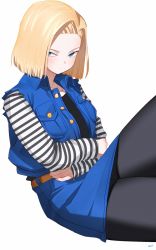 1girl, android 18, black legwear, blonde hair, blue eyes, blue jacket, blue skirt, blush, bob cut, closed mouth, crossed arms, denim, denim jacket, denim skirt, dragon ball, dragon ball (classic), from side, grey shirt, highres, jacket, looking at viewer, looking to the side, medium hair, miniskirt, pantyhose, ryusei hashida, shirt, simple background, skirt, solo, striped, striped shirt, torn clothes, torn sleeves, white background