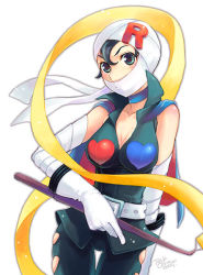 Rule 34 | 1girl, anpanman, bandages, belt, black hair, breasts, cape, cleavage, collar, gloves, green eyes, heart, large breasts, mask, ribbon, rollpan, rollpanna, scarf, solo, task owner, white gloves, yellow scarf