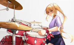 Rule 34 | 1girl, absurdres, black choker, blonde hair, blue skirt, blush, bocchi the rock!, bow, breasts, choker, commentary, drum, drum set, drumsticks, hair between eyes, highres, holding, holding drumsticks, ijichi nijika, instrument, jia redian ruzi ruzi, long hair, looking at object, medium breasts, music, open mouth, playing instrument, pleated skirt, purple skirt, red bow, short sleeves, side ponytail, sidelocks, simple background, sitting, skirt, solo, upper body, white background, yellow eyes