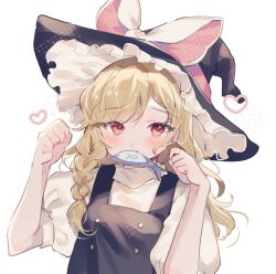 Rule 34 | 1girl, black hat, black vest, blonde hair, bow, braid, commentary request, fish, hands up, hat, hat bow, heart, highres, kirisame marisa, long hair, looking at viewer, mouth hold, paw pose, puffy short sleeves, puffy sleeves, red eyes, shirt, short sleeves, simple background, single braid, smile, solo, sorani (kaeru0768), touhou, turtleneck, unfinished dream of all living ghost, upper body, vest, white background, white bow, white shirt, witch hat