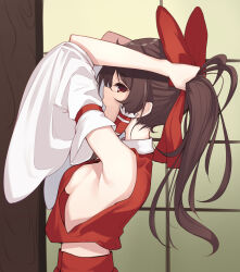 Rule 34 | 1girl, absurdres, armpits, bow, breasts, brown eyes, brown hair, commentary, detached sleeves, from side, hair bow, hakurei reimu, highres, indoors, korean commentary, long hair, nape, no bra, open mouth, ponytail, profile, red bow, red skirt, red vest, sideboob, skirt, small breasts, solo, touhou, tying hair, upper body, vest, ziro (zirorong)