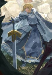 Rule 34 | 1girl, absurdres, ahoge, arm at side, armor, armored boots, armored dress, artoria pendragon (all), artoria pendragon (fate), blonde hair, blue cape, blue dress, blue ribbon, boots, braid, breastplate, cape, clarent (fate), dress, dutch angle, excalibur (fate/stay night), fate/grand order, fate (series), french braid, fur-trimmed cape, fur trim, gauntlets, gold trim, grass, hair ribbon, highres, looking to the side, noko morokoshi, painterly, planted, planted sword, planted weapon, ribbon, saber (fate), solo focus, sword, weapon