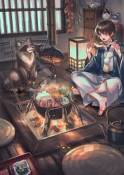 Rule 34 | 1boy, all fours, brown hair, cabbage, carrot, commentary request, cupboard, cushion, eating, fire, fish, food, hanten (clothes), highres, holding, holding skewer, hotpot, indian style, indoors, irori (hearth), japanese clothes, jizaikagi, katana, kettle, kimono, lantern, looking at another, male focus, meat, mushroom, nabe, original, plate, pot, raccoon, sheath, sheathed, shiitake, short hair, sitting, skewer, spring onion, steam, suzaku (zaku6584), sword, tofu, vegetable, weapon, wide sleeves, window, wood, yellow eyes, zabuton