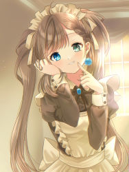 Rule 34 | 1girl, ahoge, apron, arms up, black neckwear, black ribbon, blue eyes, braid, brooch, brown hair, candy, commentary, curtains, finger to cheek, food, green eyes, grin, hand in own hair, hand on own face, head tilt, heterochromia, holding, holding candy, holding food, holding lollipop, indoors, jewelry, kompeitou (lemon garden), leaning to the side, lollipop, long hair, long sleeves, looking at viewer, maid, maid apron, maid headdress, original, parted bangs, ribbon, side braid, sleeve cuffs, smile, solo, standing, symbol-only commentary, two side up, upper body, very long hair, victorian maid, window