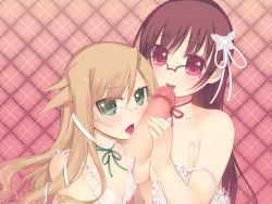 Rule 34 | 2girls, arima senka, arima senne, blonde hair, blush, grabbing another&#039;s breast, breasts, bug, butterfly, camisole, censored, choker, cleavage, cooperative fellatio, disembodied penis, fellatio, fingernails, flat chest, glasses, grabbing, green eyes, hair ornament, hair ribbon, highres, insect, kashiwamochi yomogi, large breasts, lingerie, long fingernails, long hair, looking at viewer, mosaic censoring, multiple girls, nail, open clothes, open mouth, open shirt, oral, original, penis, pink eyes, pink hair, plaid, pov, ribbon, saliva, see-through, shirt, siblings, sisters, strap slip, teamwork, tongue, underwear, very long hair