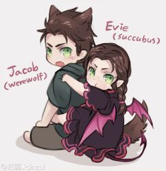 Rule 34 | 1boy, 1girl, :t, artist name, assassin&#039;s creed: syndicate, assassin&#039;s creed (series), braid, brother and sister, brown hair, child, demon girl, evie frye, fang, freckles, green eyes, jacob frye, lowres, shinzui (fantasysky7), siblings, tail, twins, werewolf, wings, wolf tail, aged down