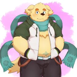 Rule 34 | 1boy, animal ears, bara, belly, belt, chest tuft, closed mouth, cu sith (housamo), dog boy, dog ears, dog tail, fat, fat man, furry, furry male, green eyes, green scarf, hands in pockets, highres, hood, hooded jacket, jacket, male focus, nyaoru (ruoain), open clothes, open jacket, pants, scarf, solo, stomach tattoo, tail, tattoo, thick eyebrows, tokyo houkago summoners, yellow fur