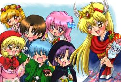 Rule 34 | 1990s (style), 2boys, 5girls, ^ ^, akazukin chacha, annoyed, blonde hair, blue background, blue hair, blue kimono, blush, bracelet, brooch, brown eyes, brown hair, capelet, chacha, character request, closed eyes, earrings, fang, happy, japanese clothes, jewelry, kimono, long hair, magical princess, marin (akazukin chacha), marin (marine-sky-earth), multiple boys, multiple girls, new year, orin (artist), pink hair, pink kimono, purple hair, red capelet, red hood, retro artstyle, riiya, shiine, simple background, smile, sweatdrop, tagme, twintails, winged hair ornament, yakko