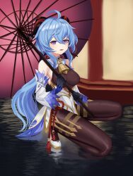 Rule 34 | 1girl, absurdres, ahoge, bare shoulders, black gloves, black pantyhose, blue hair, bodystocking, breasts, commentary, detached sleeves, ganyu (genshin impact), genshin impact, gloves, hair between eyes, highres, holding, holding umbrella, horns, large breasts, long hair, long sleeves, looking at viewer, nyanbutter, oil-paper umbrella, open mouth, pantyhose, purple eyes, purple umbrella, solo, squatting, thighs, umbrella, very long hair, white footwear
