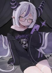 Rule 34 | 1girl, absurdres, ahoge, alternate costume, bad link, bare shoulders, black-framed eyewear, blush, braid, closed mouth, collarbone, fang, fang out, glasses, highres, holding, holding phone, hololive, holox, horns, indoors, jewelry, la+ darknesss, long hair, looking at viewer, multicolored hair, nemuta muu, off shoulder, partially unzipped, pendant, phone, pointy ears, purple hair, reclining, semi-rimless eyewear, single braid, sitting, sleeves past fingers, sleeves past wrists, solo, streaked hair, striped horns, two-tone hair, under-rim eyewear, very long hair, very long sleeves, virtual youtuber, white hair, zipper