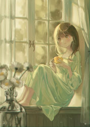 Rule 34 | 1girl, blurry, blush, brown eyes, closed mouth, commentary request, cup, curtains, daisy, day, depth of field, flower, green eyes, hands up, highres, holding, holding cup, indoors, knees up, light particles, long hair, long sleeves, looking away, looking outside, marutani, original, puffy long sleeves, puffy sleeves, rain, sideways glance, sitting in window, smile, solo, vase, white flower, window, windowsill