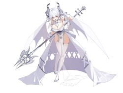 Rule 34 | 1girl, \m/, arm up, blush, breasts, cleavage, commentary, demon horns, demon wings, detached collar, dress, drill hair, duel monster, full body, garter straps, gloves, grey eyes, grey footwear, groin, high heels, highres, holding, holding polearm, holding weapon, horns, large breasts, looking at viewer, lovely labrynth of the silver castle, majo (pastamajo), open mouth, pelvic curtain, pointy ears, polearm, polearm behind back, pumps, showgirl skirt, simple background, solo, thighhighs, twin drills, weapon, weapon behind back, white background, white dress, white gloves, white hair, white thighhighs, white wings, wings, yu-gi-oh!