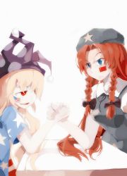 Rule 34 | 2girls, american flag, american flag dress, arm wrestling, bare arms, black bow, blonde hair, blue eyes, bolos, bow, braid, clownpiece, commentary, from side, frown, green hat, hair bow, hat, hong meiling, jester cap, long hair, multiple girls, parted bangs, people&#039;s republic of china flag, polka dot, purple hat, red eyes, red hair, short sleeves, simple background, smile, star (symbol), touhou, twin braids, upper body, vest, white background