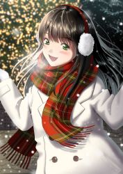 Rule 34 | 1girl, :d, blush, breath, brown hair, christmas, coat, earmuffs, gloves, green eyes, highres, long hair, looking at viewer, mueririko, night, open mouth, original, outdoors, plaid, plaid scarf, red scarf, scarf, smile, snow, snowing, solo, standing, upper body, white coat, white gloves