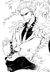 Rule 34 | 2boys, buttons, cheese neko3, coat, donquixote doflamingo, earrings, facial hair, feather coat, formal, goatee, hat, height difference, highres, hug, jacket, jewelry, looking at another, male focus, monochrome, multiple boys, necktie, one piece, shirt, smile, suit, sunglasses, trafalgar law, yaoi