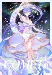 Rule 34 | 1girl, absurdres, alternate costume, arm up, blue eyes, blue hair, blue nails, commentary request, dress, full body, hair ornament, high heels, highres, hololive, hoshimachi suisei, leg up, long hair, off-shoulder dress, off shoulder, parted lips, ponytail, solo, star (symbol), star hair ornament, tiara, virtual youtuber, white dress, white footwear, yozora (1wkdgusdn)