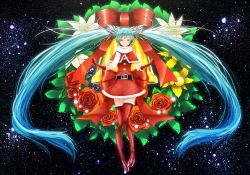 Rule 34 | absurdly long hair, aqua eyes, aqua hair, belt, black belt, boots, christmas, christmas wreath, commentary, dress, earrings, floating hair, flower, flower request, full body, gloves, hatsune miku, jewelry, long hair, looking at viewer, pom pom (clothes), red dress, red footwear, red gloves, red ribbon, red skirt, red thighhighs, ribbon, rose, santa costume, scarf, skirt, sky, solo, space, star (sky), starry sky, sugi 214, thigh boots, thighhighs, twintails, very long hair, vocaloid, white scarf, wreath