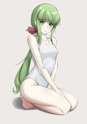 Rule 34 | 1girl, absurdres, bare arms, bare legs, barefoot, between legs, bow, c.c., code geass, collarbone, full body, green hair, grey background, hair between eyes, hair bow, hand between legs, highres, kneeling, leticia, long hair, low ponytail, one-piece swimsuit, open mouth, red bow, school swimsuit, simple background, solo, swimsuit, very long hair, white one-piece swimsuit, yellow eyes