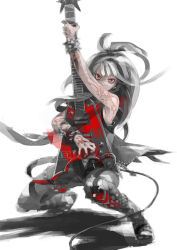 Rule 34 | 1girl, bare shoulders, bracelet, cable, electric guitar, guitar, hexagram, instrument, jewelry, knee brace, long hair, original, pomodorosa, red eyes, shadow, silver hair, simple background, sleeveless, solo, spiked bracelet, spikes, tattoo, white background