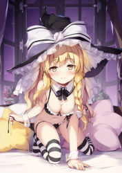 Rule 34 | 1girl, apron, arm support, bare arms, bare shoulders, black bow, black bowtie, black bra, black hat, black panties, black thighhighs, blonde hair, blush, bow, bowtie, bra, braid, breasts, cleavage, commentary request, curtains, frills, hair bow, hat, hat bow, indoors, kirisame marisa, kneeling, long hair, looking at viewer, medium breasts, miyase mahiro, navel, no shoes, panties, pillow, seductive smile, side-tie panties, sidelocks, single braid, smile, solo, star-shaped pillow, stomach, striped clothes, striped thighhighs, thighhighs, thighs, touhou, underwear, underwear only, white bow, white thighhighs, window, witch hat, wrist cuffs, yellow eyes