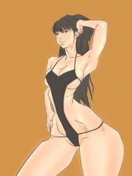 Rule 34 | 1girl, artist request, asian, black hair, black one-piece swimsuit, breasts, cameltoe, curvy, highleg, highleg swimsuit, highres, lips, long hair, looking at viewer, one-piece swimsuit, ririkana, shiny skin, small breasts, solo, swimsuit, wide hips