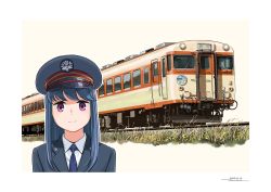 Rule 34 | 1girl, blue hair, blue jacket, blue necktie, border, closed mouth, dated, hat, horikou, inset, jacket, long hair, looking at viewer, necktie, purple eyes, shima rin, shirt, signature, smile, solo, train, white border, white shirt, yurucamp