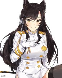 Rule 34 | 1girl, animal ears, atago (azur lane), azur lane, black thighhighs, blush, breasts, brown hair, closed mouth, gloves, hair between eyes, hair ribbon, highres, jacket, katana, large breasts, long hair, long sleeves, looking at viewer, military, military uniform, mole, mole under eye, ribbon, signature, simple background, sitting, smile, solo, sword, thighhighs, tuxedo de cat, uniform, very long hair, weapon, white background, white gloves, white jacket, white ribbon, yellow eyes