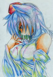 Rule 34 | 1girl, animal ears, bad id, bad pixiv id, bare shoulders, blood, breasts, claws, colored pencil (medium), detached sleeves, female focus, hat, highres, impossible clothes, inubashiri momiji, kitazinger, profile, shaded face, short hair, solo, tokin hat, touhou, traditional media, upper body, white hair, wolf ears
