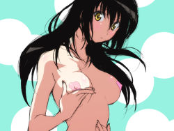 Rule 34 | 00s, 1girl, bad id, bad pixiv id, black hair, blush, grabbing another&#039;s breast, breasts, covered erect nipples, female focus, gapper, grabbing, heart pasties, kotegawa yui, long hair, nipples, nude, pasties, solo, to love-ru, topless frame, upper body, yellow eyes