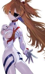 Rule 34 | 1girl, ass, blue eyes, bodysuit, breasts, brown hair, evangelion: 3.0+1.0 thrice upon a time, eyepatch, female focus, floating hair, from behind, hair ornament, hand on own chest, highres, interface headset, long hair, looking at viewer, looking back, medium breasts, neon genesis evangelion, plugsuit, rebuild of evangelion, shiny clothes, simple background, skin tight, smile, solo, souryuu asuka langley, standing, turtleneck, two side up, very long hair, white background, white bodysuit, yagisawa teru